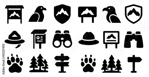 Nature and wildlife solid icons set – silhouette, filled, outdoor adventure symbols