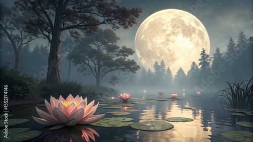 Full Moon Reflecting on a Lotus Pond—Serene Night Landscape with Soft Moonlight