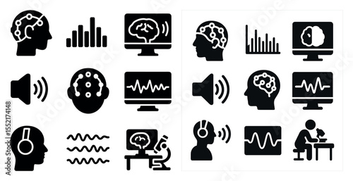Brainwave solid icons set – neural, filled, cognitive technology symbols