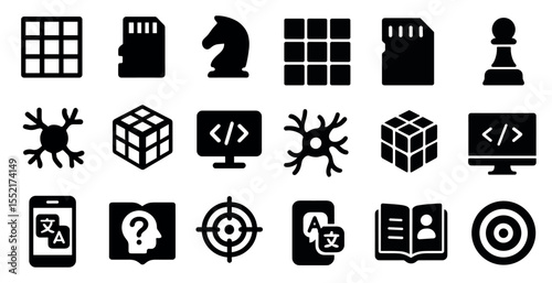 Technology and coding solid icons set – digital, filled, software and tech symbols