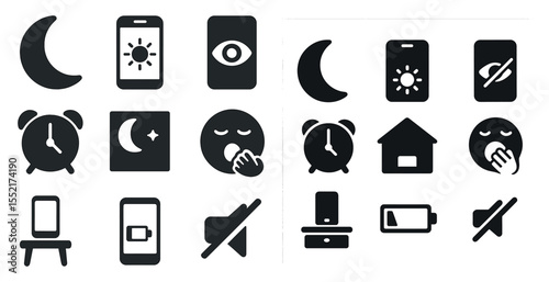 Sleep and relaxation solid icons set – silhouette, calm, rest symbols
