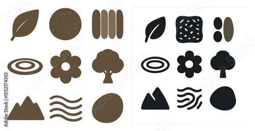 Nature and organic shape silhouette icons set – solid, filled, natural elements