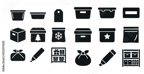 Storage and organization solid icons set – box, container, home and office management