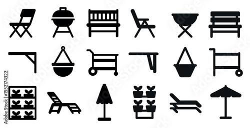 Outdoor furniture silhouette icons set – solid, filled, garden and patio designs