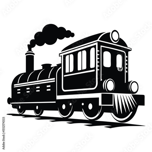 Antique Black Steam Train Locomotive with Smoke Illustration Style Design Isolated Art