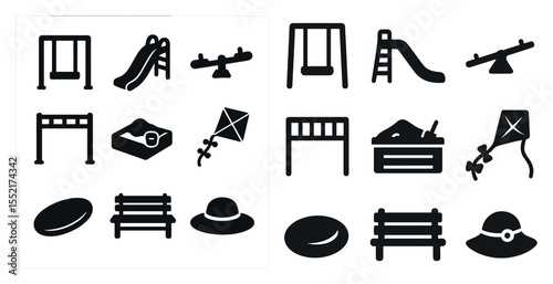 Playground silhouette icons set – solid, outline, park and recreation symbols