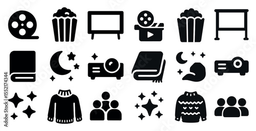 Cinema and entertainment solid icons set – flat, filled, movie and film symbols