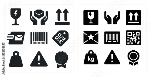 Logistics solid icons set – delivery, packaging, shipping symbol collection