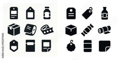 Packaging and label solid icons set – filled, flat, product design symbols
