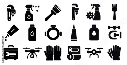 Cleaning and maintenance icons set – solid, tools, housekeeping symbols
