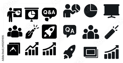 Business presentation silhouette icons set – meeting, charts, corporate symbols