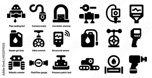Industrial safety solid icons set – essential, filled, machinery and equipment symbols
