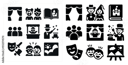 Theater and performance solid icons set – silhouette, dramatic, stage arts symbols