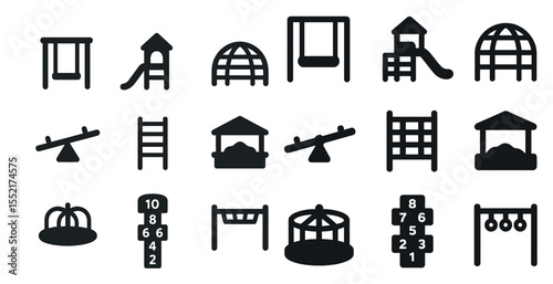 Playground solid icons set – filled, silhouette, children's play area symbols