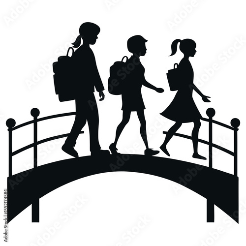 Children returning from school silhouette vector art illustration