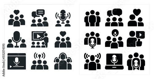Podcast and streaming solid icons set – interview, audio, digital media symbols
