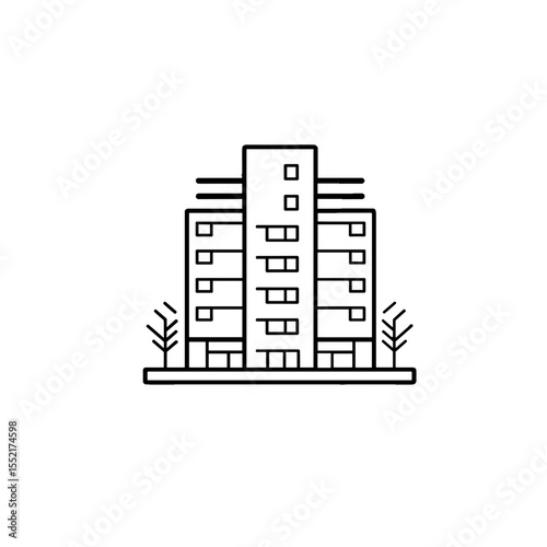 Simple lines of a modern building with trees, urban landscape design on a transparent background