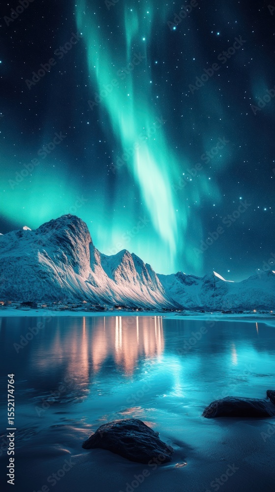 Naklejka premium Aurora borealis reflecting on a tranquil icy lake.