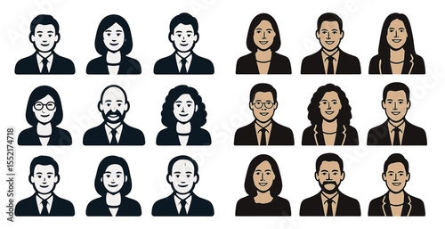 Business and office icons set – silhouette, solid, corporate and professional symbols