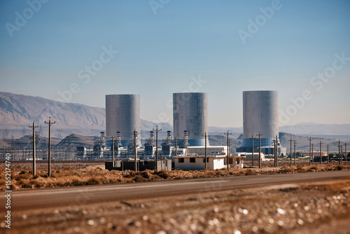 Shiraz power station, extraction of electricity in the desert. Combine Cycle Power Plant, Combined Heat and Power. Cooling towers of a thermal power plant. Iran's energy sector. photo