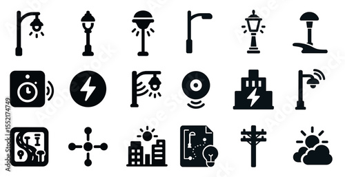 Street lighting solid icons set – silhouette, filled, urban illumination symbols
