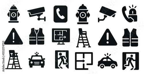 Safety and security icons set in solid style – warning, emergency, protection symbols