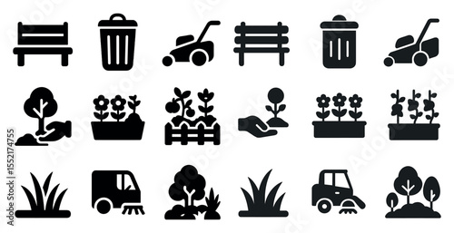 Gardening and landscaping icons set – solid, filled, yard and garden care symbols