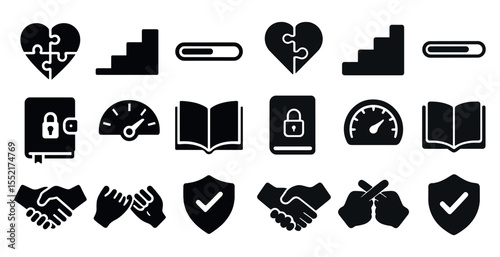 Business and professional silhouette icons set – corporate, solid, work symbols