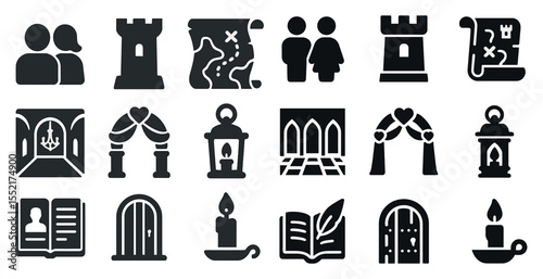 Medieval solid icons set – filled, castle, fantasy and ancient symbols