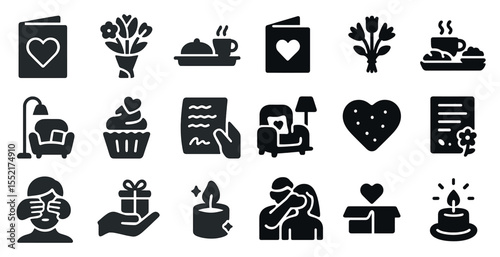 Love and romance solid icons set – filled, valentine’s day, affection symbols