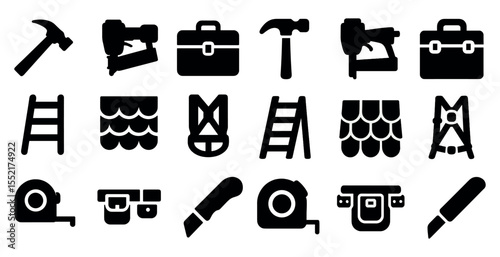 Construction tools solid icons set – filled, diy, building equipment symbols