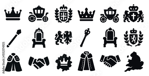 Royalty and monarchy icons set – solid, outline, medieval and regal symbols