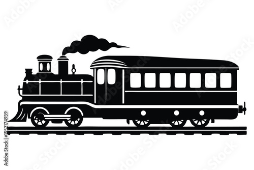 Vintage Steam Train with Passenger Car and Black Smoke Silhouette Vector