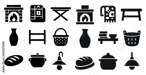 Cozy home solid icons set – silhouette, domestic, interior design elements