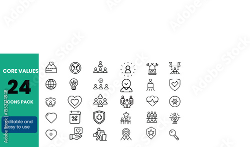 Core Values Line Editable Icons set. Vector illustration in modern thin line style of beliefs related icons: happiness, work, community, and more. Pictograms and infographics for mobile apps