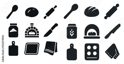 Baking and kitchen solid icons set – flat, filled, culinary tools and utensils