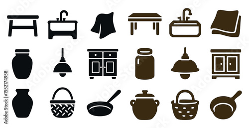 Home and kitchen solid icons set – household, filled, cooking and decor symbols