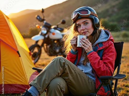 Freckled girl sipping tea by tent and motorcycle in sunset glow of peaceful travel evening