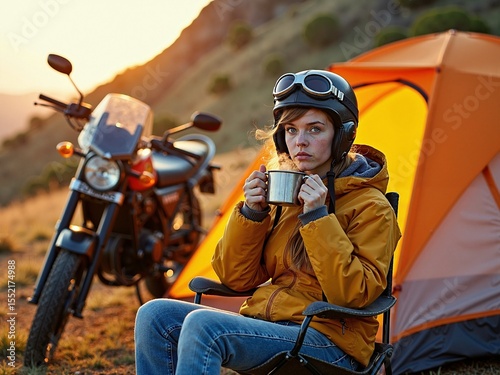 Freckled girl sipping tea by tent and motorcycle in sunset glow of peaceful travel evening
