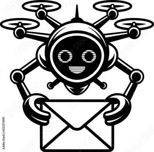 Flying AI mail drone mascot with digital envelope, showcasing modern delivery and technology.