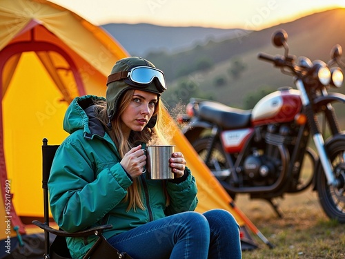 Freckled girl sipping tea by tent and motorcycle in sunset glow of peaceful travel evening