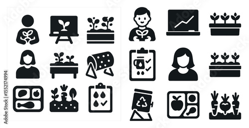 Gardening solid icons set – flat, filled, horticulture and plant growth symbols