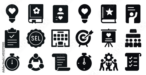 Business and productivity solid icons set – silhouette, filled, work symbols
