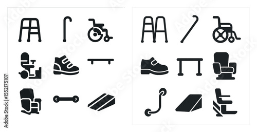 Mobility aids solid icons set – flat, filled, accessibility and assistive symbols