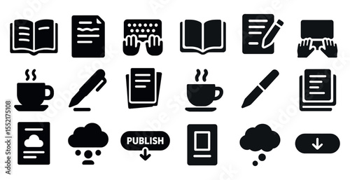 Publishing and writing icons set – solid, filled, creative and content tools