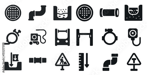 Plumbing tools and equipment solid icons set – filled, repair, construction graphics