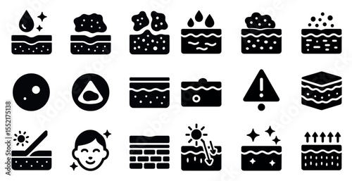 Skincare and dermatology solid icons set – filled, cosmetic, treatment symbols