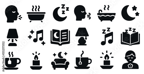 Nighttime essentials solid icons set – silhouette, filled, sleep and relaxation symbols
