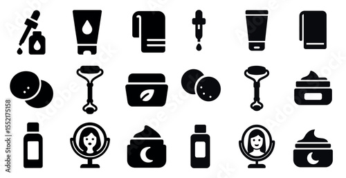 Skincare and beauty solid icons set – filled, silhouette, cosmetic symbols
