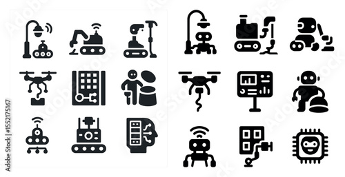 Robotics solid icons set – flat, filled, automation and technology symbols